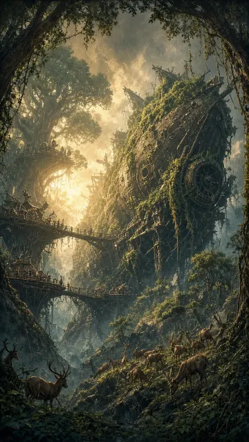 Maximalist image example: Dark Fantasy Treetop Village and Airship Wreckage