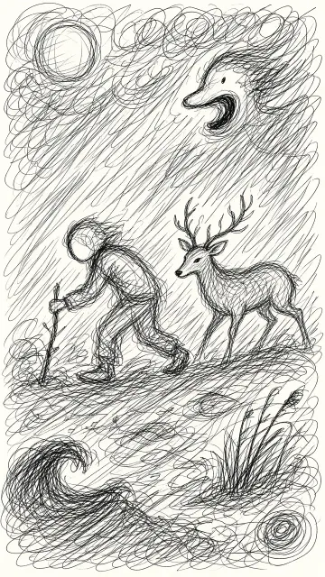 Naive Art image example: Naive Doodle Art of Deer and Figure in Rainstorm