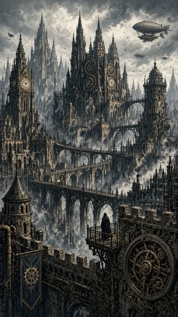 Steampunk image example: Dark Gothic Steampunk Ancient City Panoramic Illustration