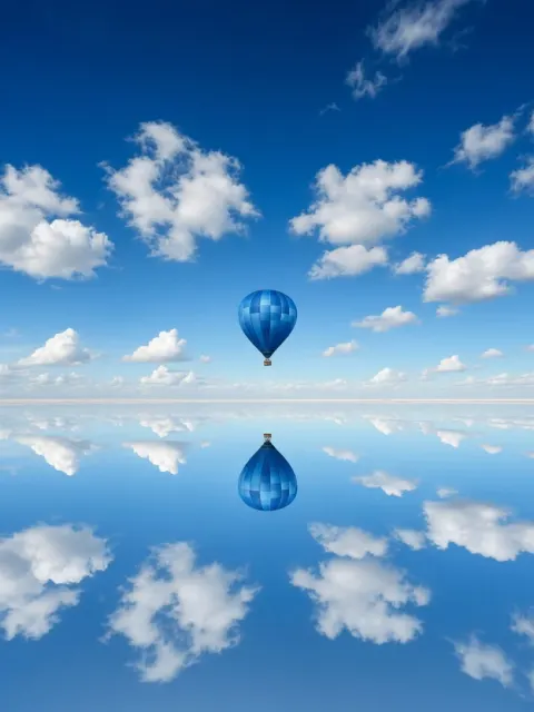 Reflections image example: Surreal Mirror Salt Lake Hot Air Balloon Photography