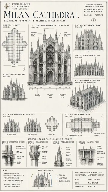 Milan Cathedral Architectural Blueprint Poster