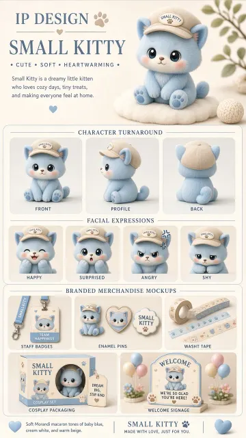 Cute Character image example: 3D Chibi Light Blue Kitten IP Brand Guide Design