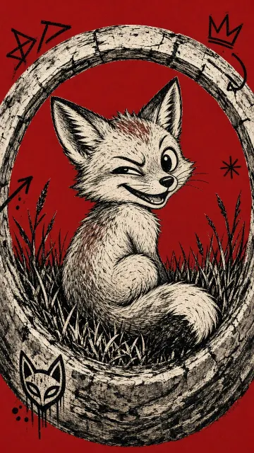 Graffiti Woodcut Grinning Fox on Solid Red Background