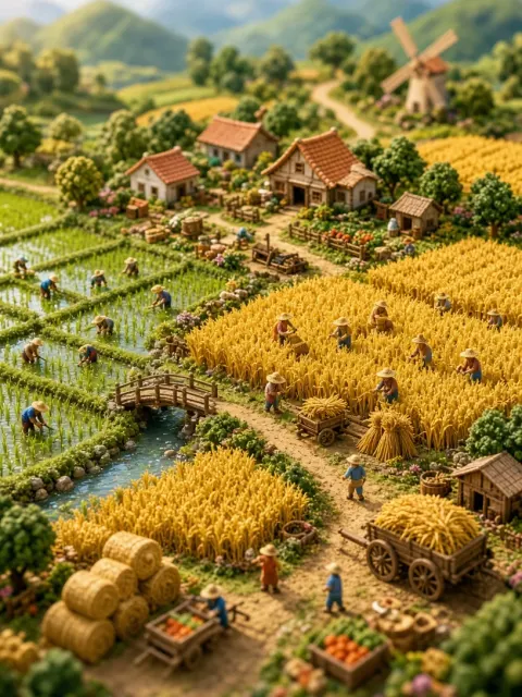 3D Miniature Tilt-Shift Harvest Farmland Diorama