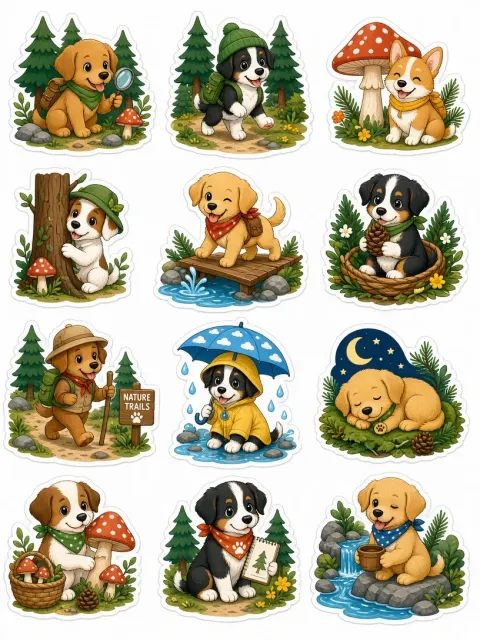 Die Cut image example: Cartoon Dog Forest Adventure Sticker Collection