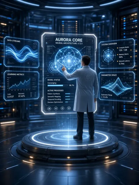 Futuristic UI image example: Sci-Fi 3D Scientist Operating AI Holographic Screens