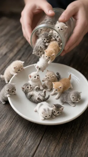 Surreal Macro Pouring Miniature Kittens from Glass Jar