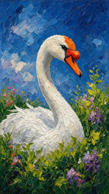 Fresh Oil Painting of White Swan Under Blue Sky