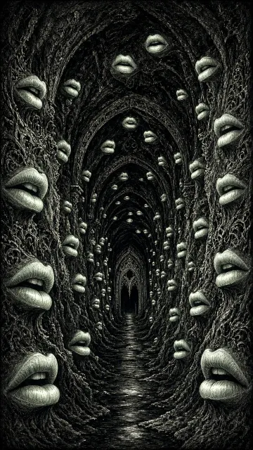 Dark Gothic image example: Dark Gothic Tunnel of Whispering Lips Illustration