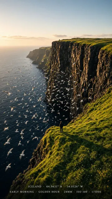 Aerial Iceland Coastal Cliff with Flying Birds