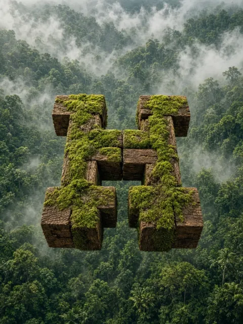 Logo Insignia image example: Mossy Wooden Block Logo Aerial Rainforest Photography