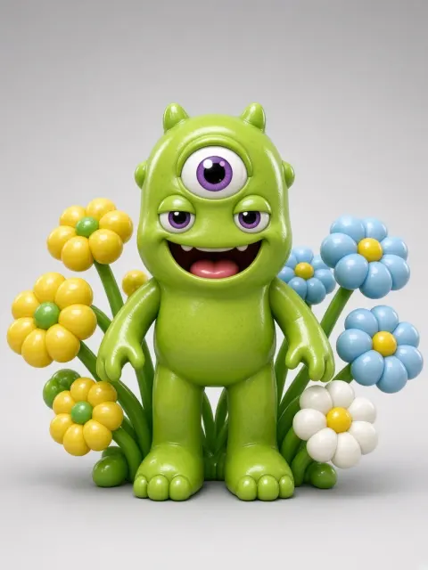 Centred Symmetry image example: 3D Cartoon Green Monster in Balloon Flower Garden