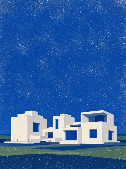 Minimalist White Villas Under Blue Sky in Screenprint Style