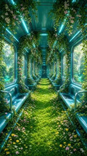 Surreal Botanical Cyber-Teal Subway Car