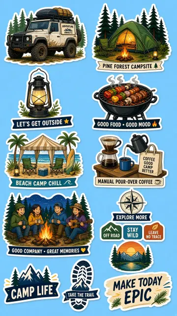 outdoor adventure image example: Camping Lifestyle Cartoon Sticker Pack Design