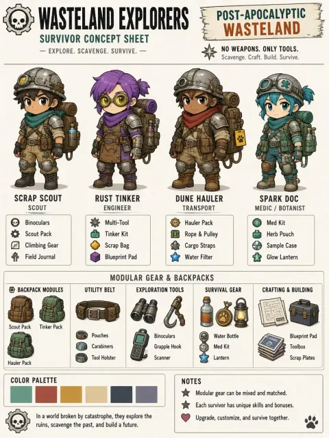 Cel Shaded image example: Chibi Post-Apocalyptic 2D Game Character Concepts