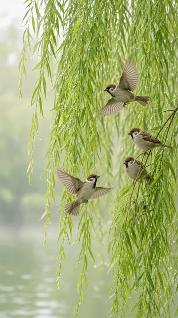 Spring Lakeside Weeping Willows and Sparrows Gentle Photography