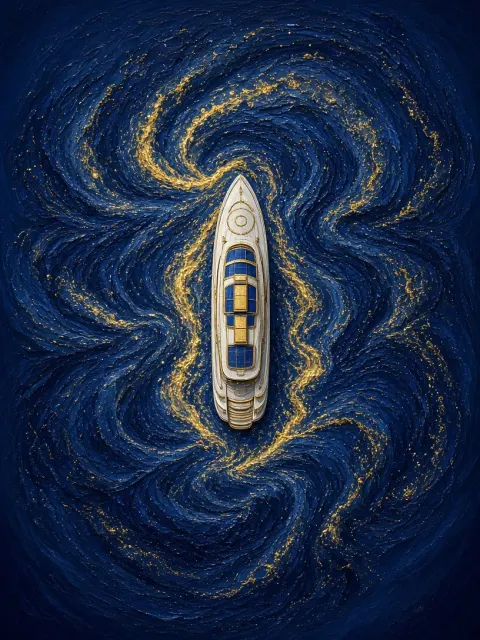 Top-Down Aerial image example: Top-Down Post-Impressionist Ocean with Luxury Yacht