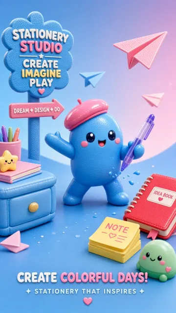 3D Glossy Vinyl Stationery Workshop Illustration