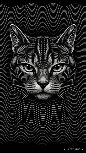Op Art Monochrome Wavy Line Cat Portrait