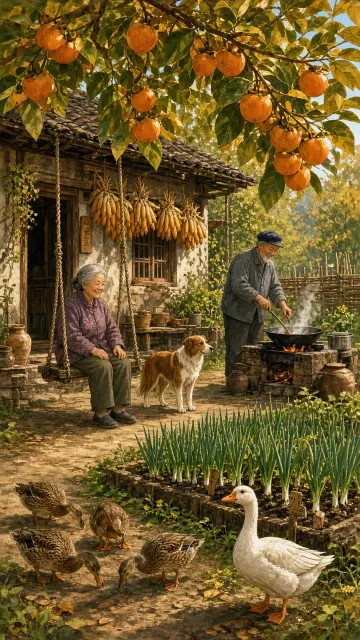 garden image example: Pastoral Courtyard with Persimmon Tree and Grandparents