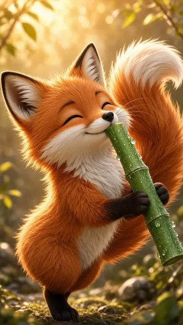 Metallic Sheen image example: Chibi Red Fox Holding Fresh Bamboo