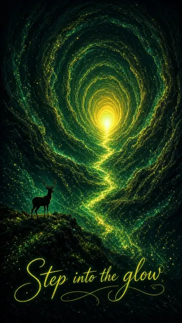 Panoramic Shot image example: Surreal Swirling Canyon with Deer Silhouette Illustration