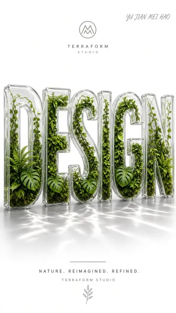 Typography Logo image example: Transparent 3D Glass Letter with Tropical Rainforest Terrarium