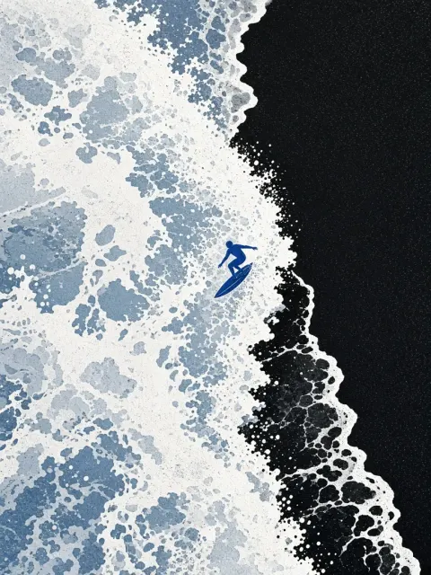 Aerial Flat Minimalist Wave and Surfer in Iceland Black Beach