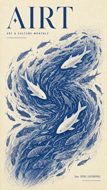 Editorial Cover image example: Pointillism Blue Fish Swarm Magazine Cover Art