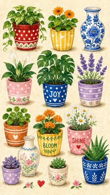 Typography Logo image example: Whimsical Hand-Drawn Potted Plant and Vase Collection