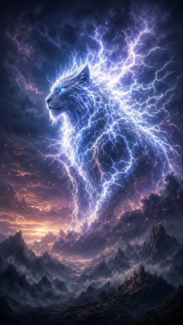Creature Design image example: Colossal Feline Plasma Lightning Entity Illustration