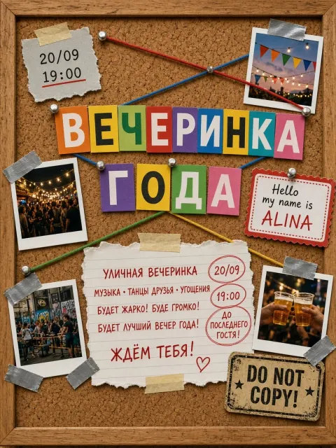 Vintage Collage image example: Vintage Corkboard Party Invitation Collage Poster