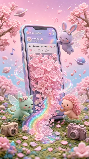 Chibi Characters image example: Holographic Smartphone with Floral Cascade and Whimsical Fairies