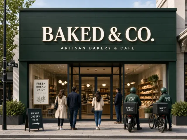Backlit Signage image example: Modern Commercial Storefront Signboard on Dark Green Cladding