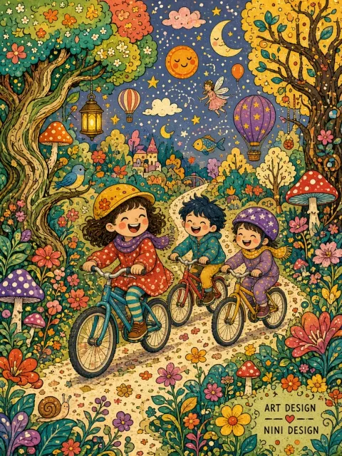 Calm and Healing image example: Whimsical Maximalist Forest Biking Doodle