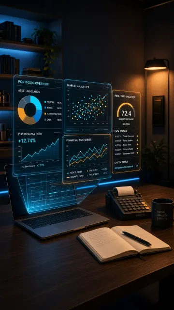 Corporate & Professional image example: Cyberpunk Holographic Data Workspace Illustration