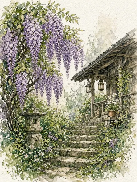 Hand-Painted Watercolor Wisteria Garden Path Illustration