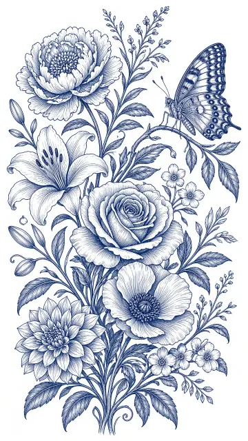 Linocut image example: Indigo Linocut Floral and Butterfly Illustration