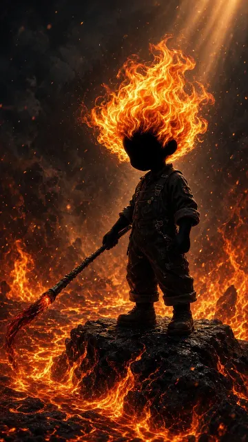 Volumetric Light image example: Apocalyptic Fire Chibi Child Character Design