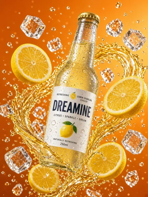 Beverage image example: Dynamic Lemon Sparkling Beverage Commercial Photography