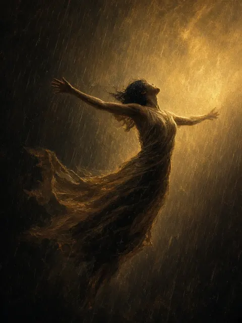 Surrealist Oil Painting of Dancer in Rainstorm