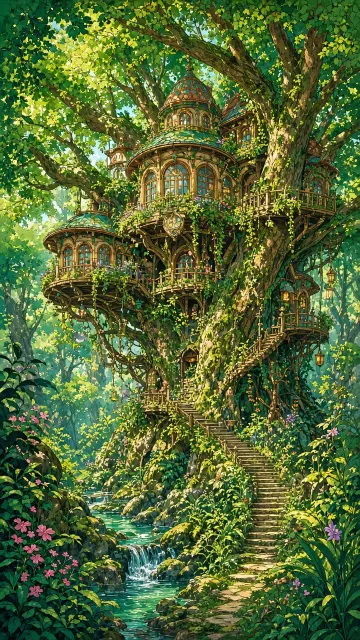 Stylized Art image example: Moebius-Style Whimsical Forest Treehouse