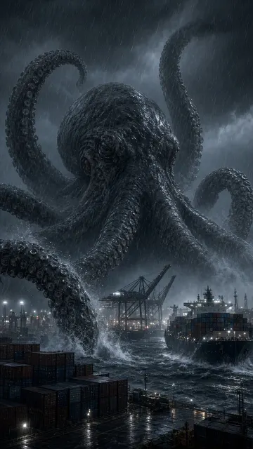 Cinematic CGI image example: Colossal Sea Monster Harbor CGI