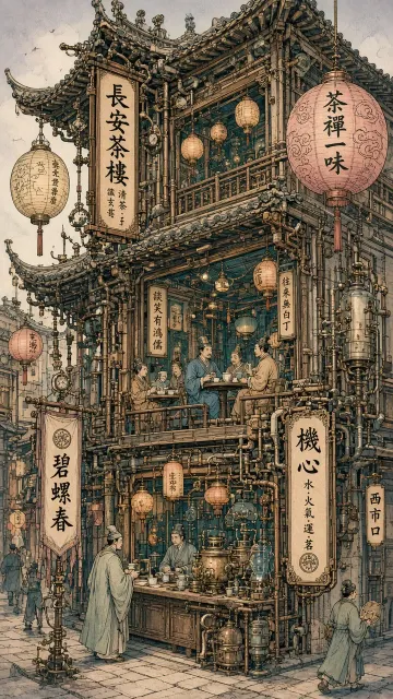 Retro Sci-Fi image example: Moebius Style Steampunk Chang'an Teahouse