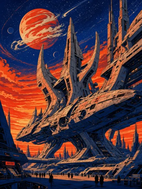 Sci-Fi Illustration image example: Sci-Fi Interstellar Port in Moebius Style