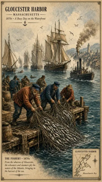 19th Century Gloucester Harbor Fisherman Scene