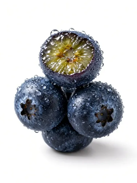 Hyperrealistic Blueberry Water Droplets Commercial Photography