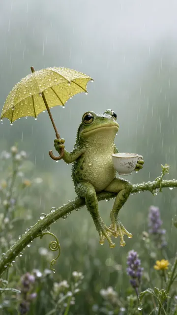 Hyperrealistic image example: Hyperrealistic Anthropomorphic Frog with Umbrella and Tea
