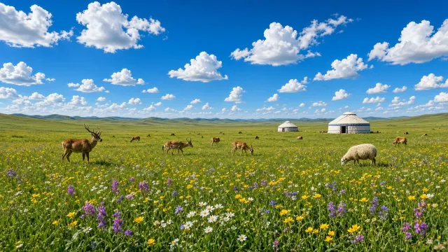 Grassland Landscape with Deer and Yurts